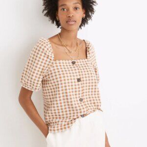 Madewell Gingham Jacquard Square-Neck Puff-Sleeve Top